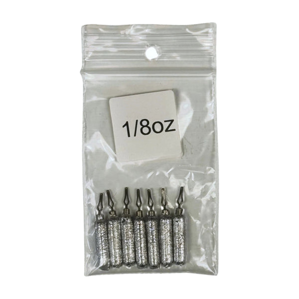 A clear plastic package containing small cylindrical fishing weights, with a label indicating '1/8oz'.