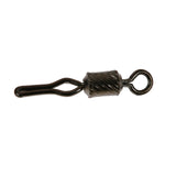 A black swivel with a V-shaped eye for gripping fishing line, with an attached loop and a twisted metal line attachment.