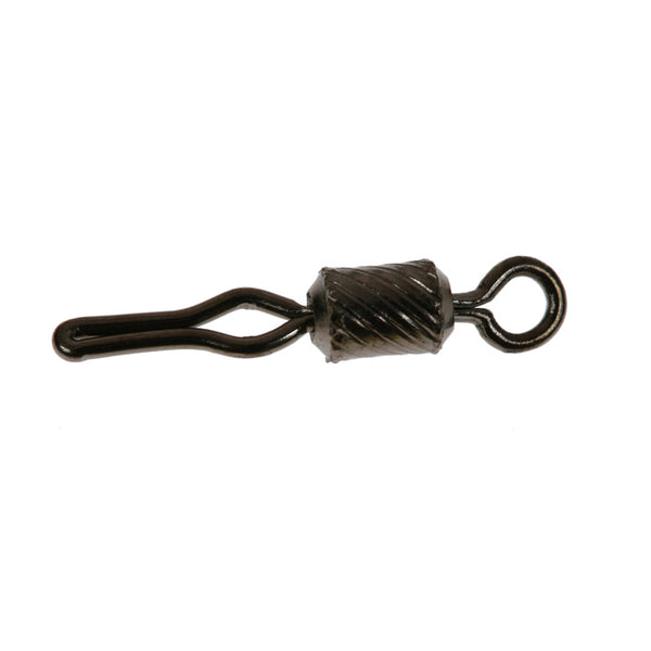 A black swivel with a V-shaped eye for gripping fishing line, with an attached loop and a twisted metal line attachment.