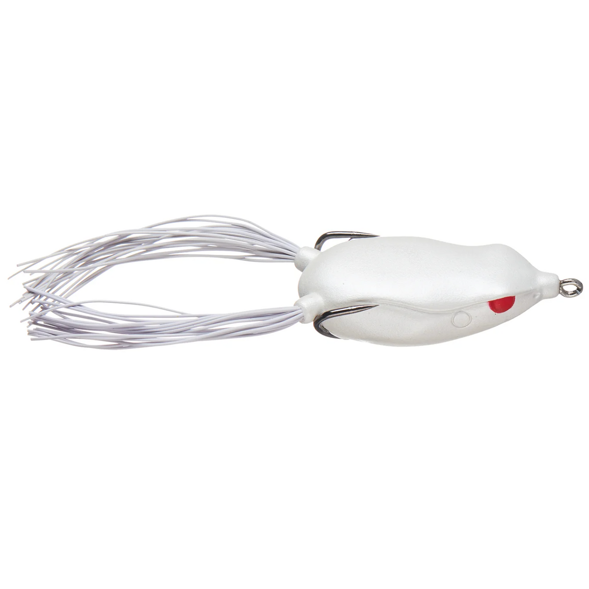 White fishing lure with a red eye on a white background