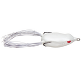 White fishing lure with a red eye on a white background
