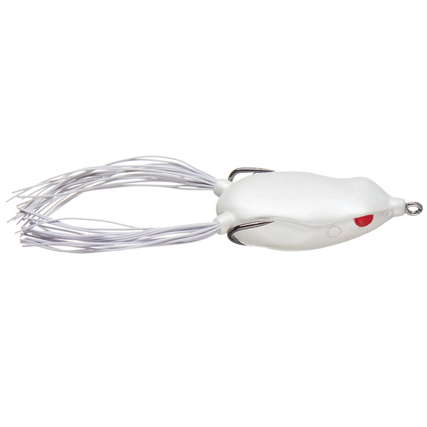 White fishing lure with a red eye on a white background