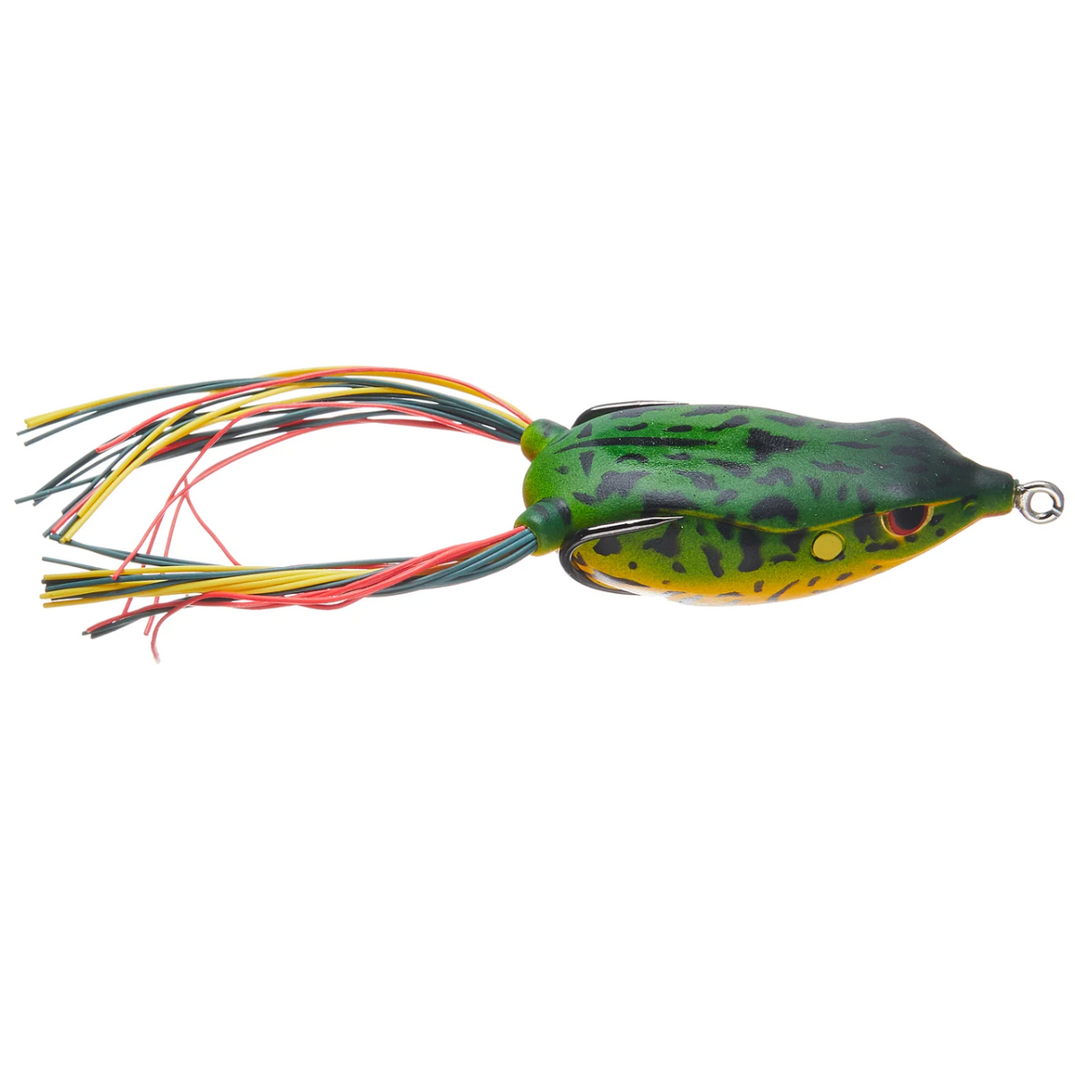 Fishing lure shaped like a frog with colorful tail on a white background