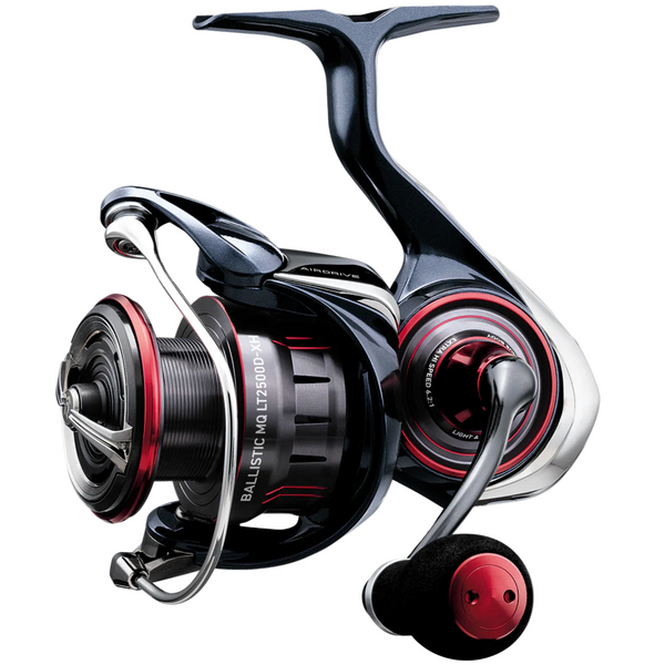 Fishing reel with black and red design on a light gray background