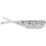 White fishing lure with blue and black speckles on a white background