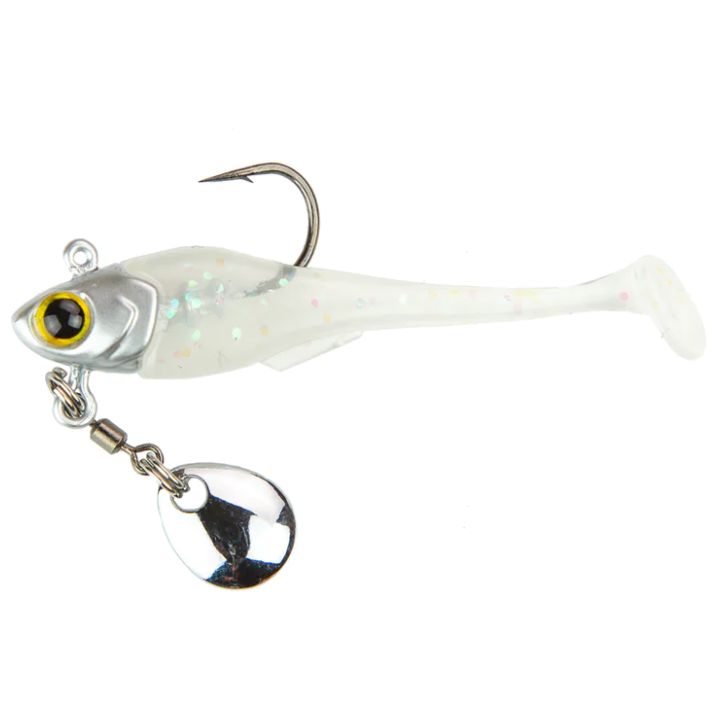 A fishing lure designed to resemble a small baitfish, with a white and silver color scheme, 3D eyes, and a single hook.