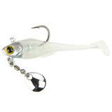A fishing lure designed to resemble a small baitfish, with a white and silver color scheme, 3D eyes, and a single hook.