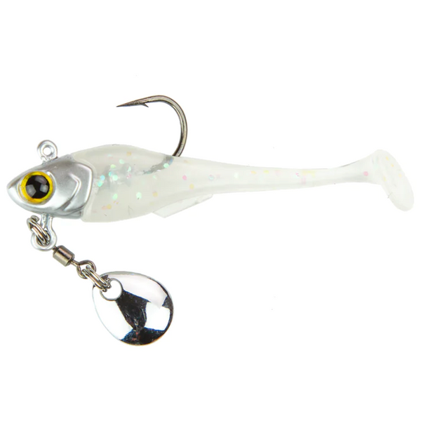 A fishing lure designed to resemble a small baitfish, with a white and silver color scheme, 3D eyes, and a single hook.