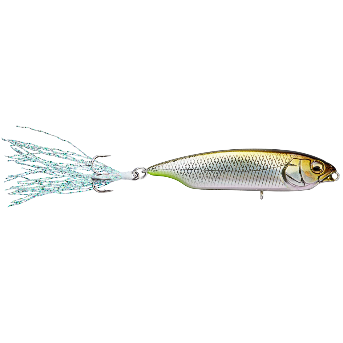 Fishing lure with a skirt attachment on a white background