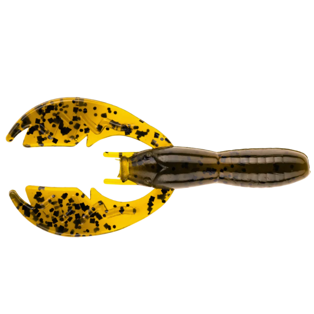 A plastic fishing lure designed to resemble a Crawfish with a solid yellow body and black spots, having a hollow body and a solid plastic butt end.