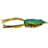 Fishing lure shaped like a frog with green body, yellow legs, and black spots on a white background.