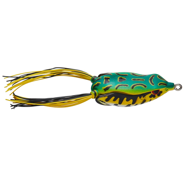 Fishing lure shaped like a frog with green body, yellow legs, and black spots on a white background.