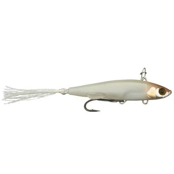Fishing lure with a white body and dark head on a white background