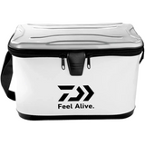 White cooler bag with black logo and text on a white background