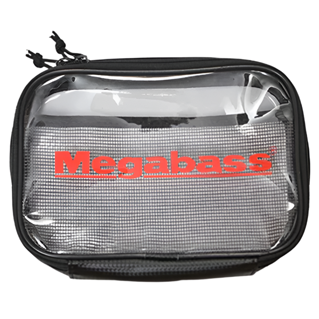 Clear pouch with black zipper and Megabass logo on a white background