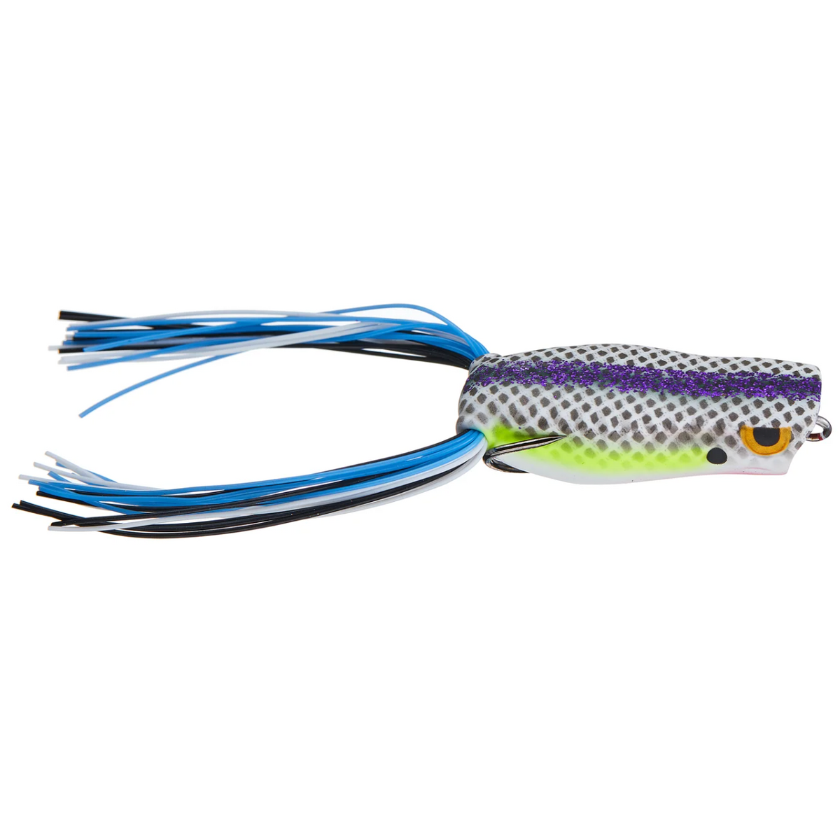 Fishing lure with blue and black skirt on a white background