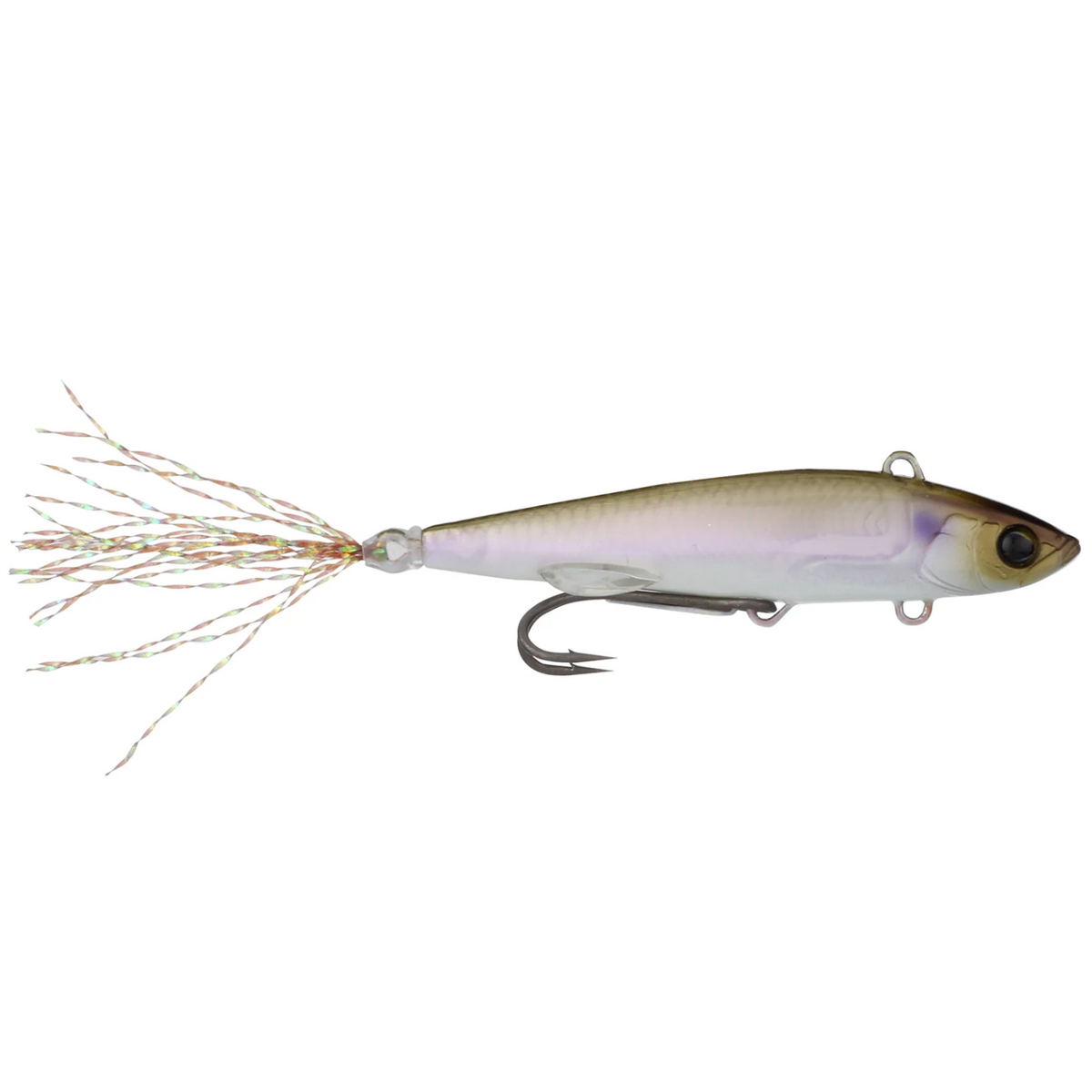 Fishing lure with a white body and brownish tail on a white background
