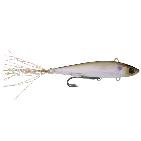 Fishing lure with a white body and brownish tail on a white background