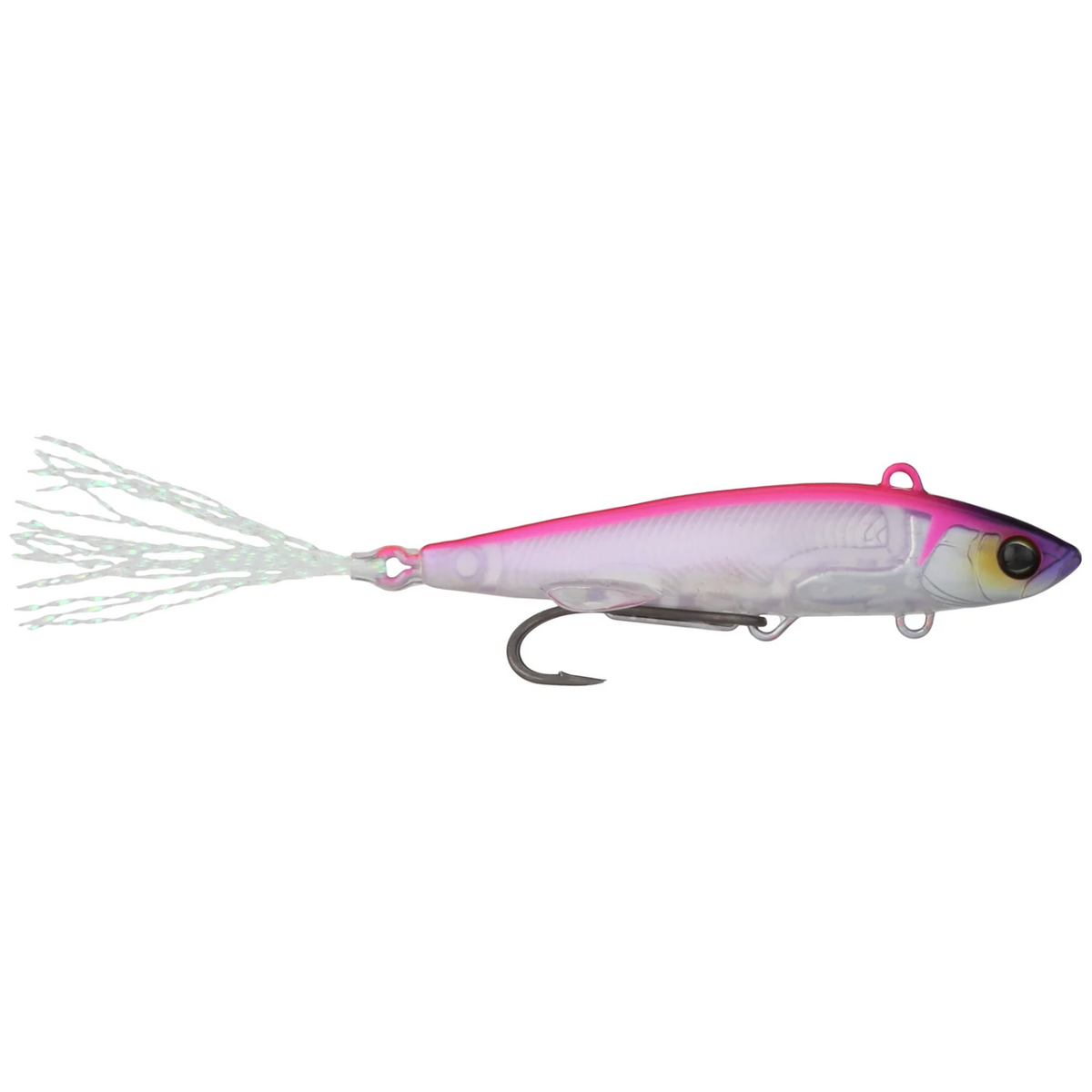 Pink and white fishing lure on a white background