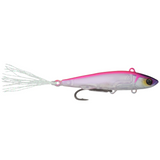 Pink and white fishing lure on a white background