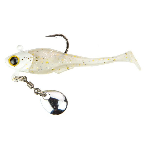 A white fishing lure with black eyes and a silver blade, designed to imitate a small fish.