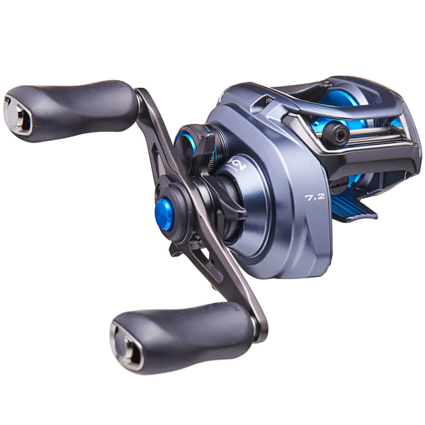 Fishing reel with metallic finish on a white background