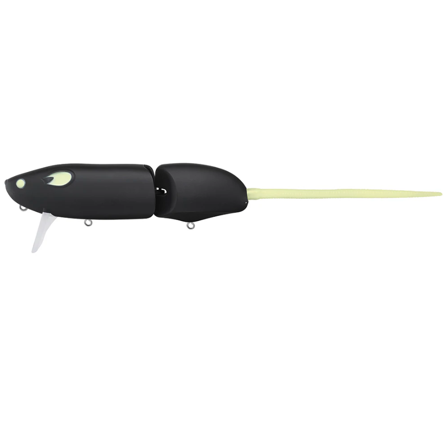 A matte black colored artificial fishing lure designed to resemble a rat with a bright green tail.