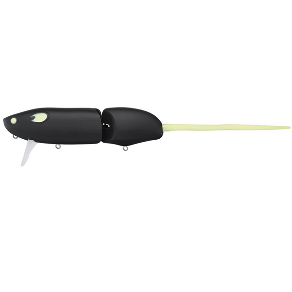 A matte black colored artificial fishing lure designed to resemble a rat with a bright green tail.