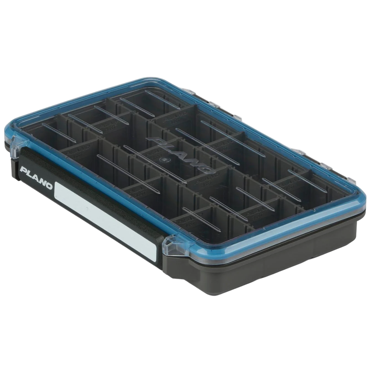 Fishing tackle box with blue lid and black body on a white background