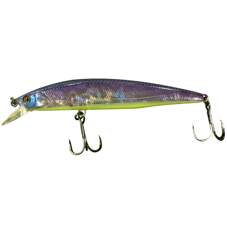 Fishing lure with metallic body and treble hooks on a white background
