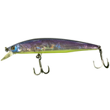 Fishing lure with metallic body and treble hooks on a white background
