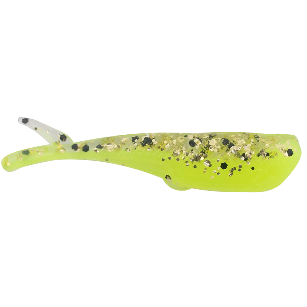Fishing lure with a green body and black speckles on a white background