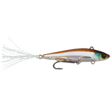 Fishing lure with a white and brown body on a white background