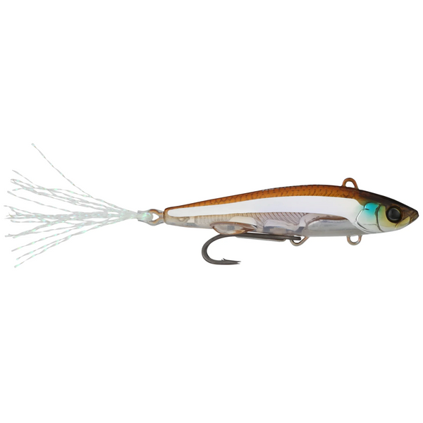 Fishing lure with a white and brown body on a white background