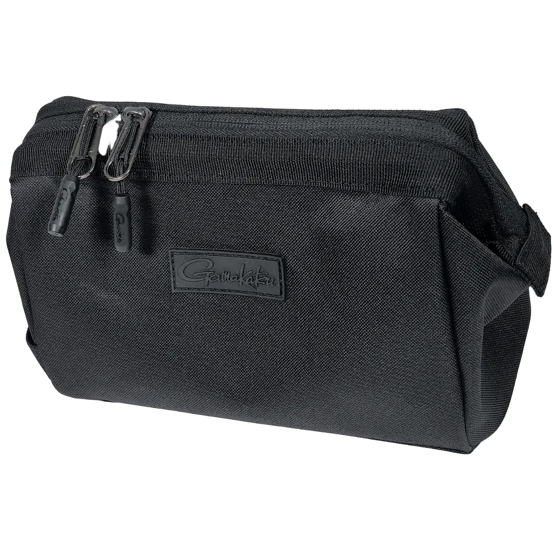 Black zippered bag with a visible brand logo on a white background