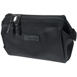 Black zippered bag with a visible brand logo on a white background