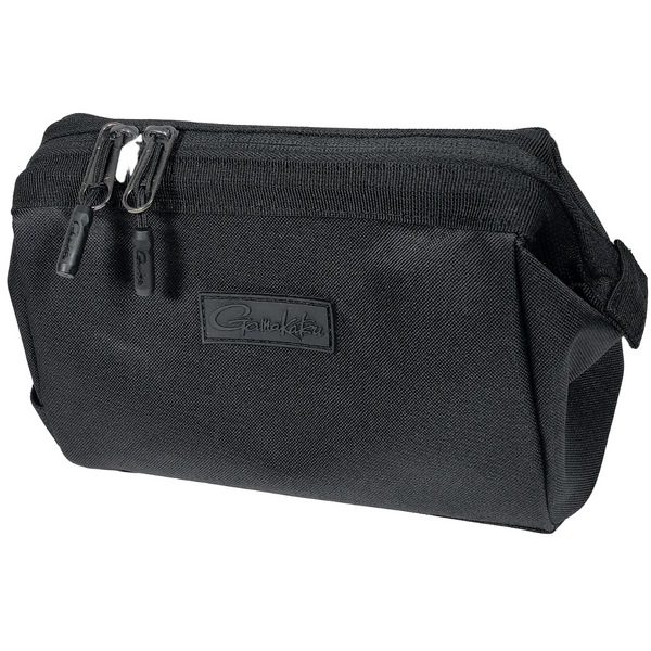 Black zippered bag with a visible brand logo on a white background