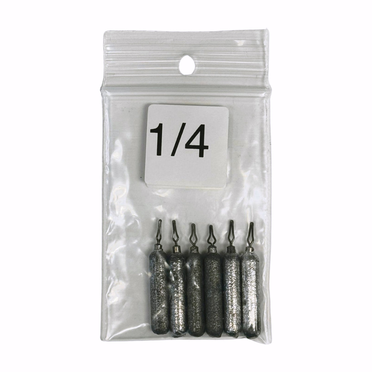 A clear plastic package containing small cylindrical fishing weights, with a label indicating '1/4'.
