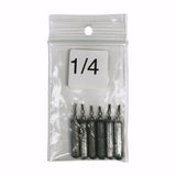 A clear plastic package containing small cylindrical fishing weights, with a label indicating '1/4'.