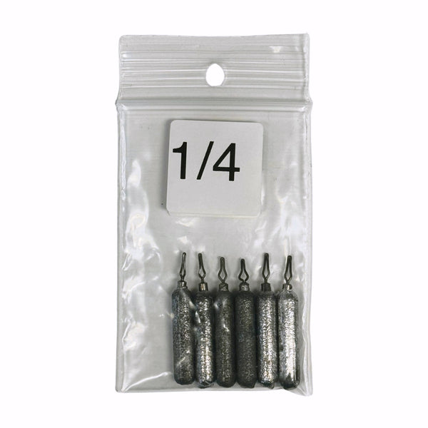 A clear plastic package containing small cylindrical fishing weights, with a label indicating '1/4'.