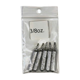 A clear plastic package containing small cylindrical fishing weights, with a label indicating '3/8oz'.
