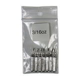 A clear plastic package containing small cylindrical fishing weights, with a label indicating '3/16oz'.