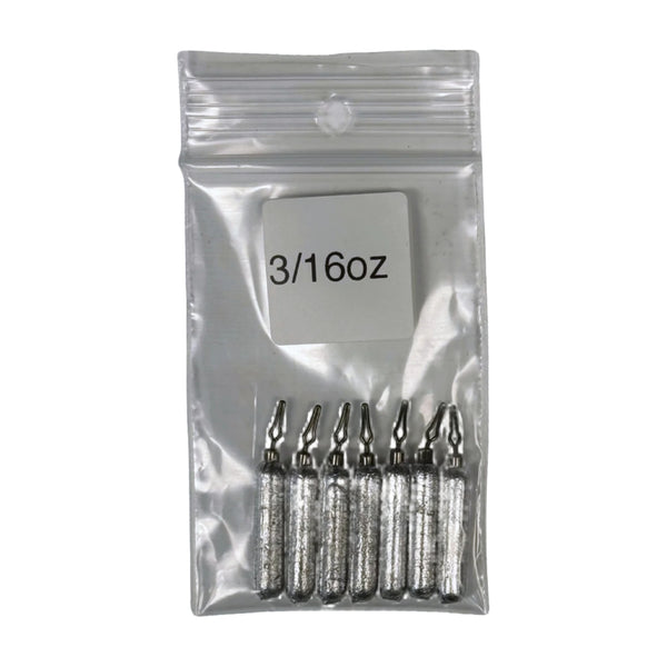 A clear plastic package containing small cylindrical fishing weights, with a label indicating '3/16oz'.