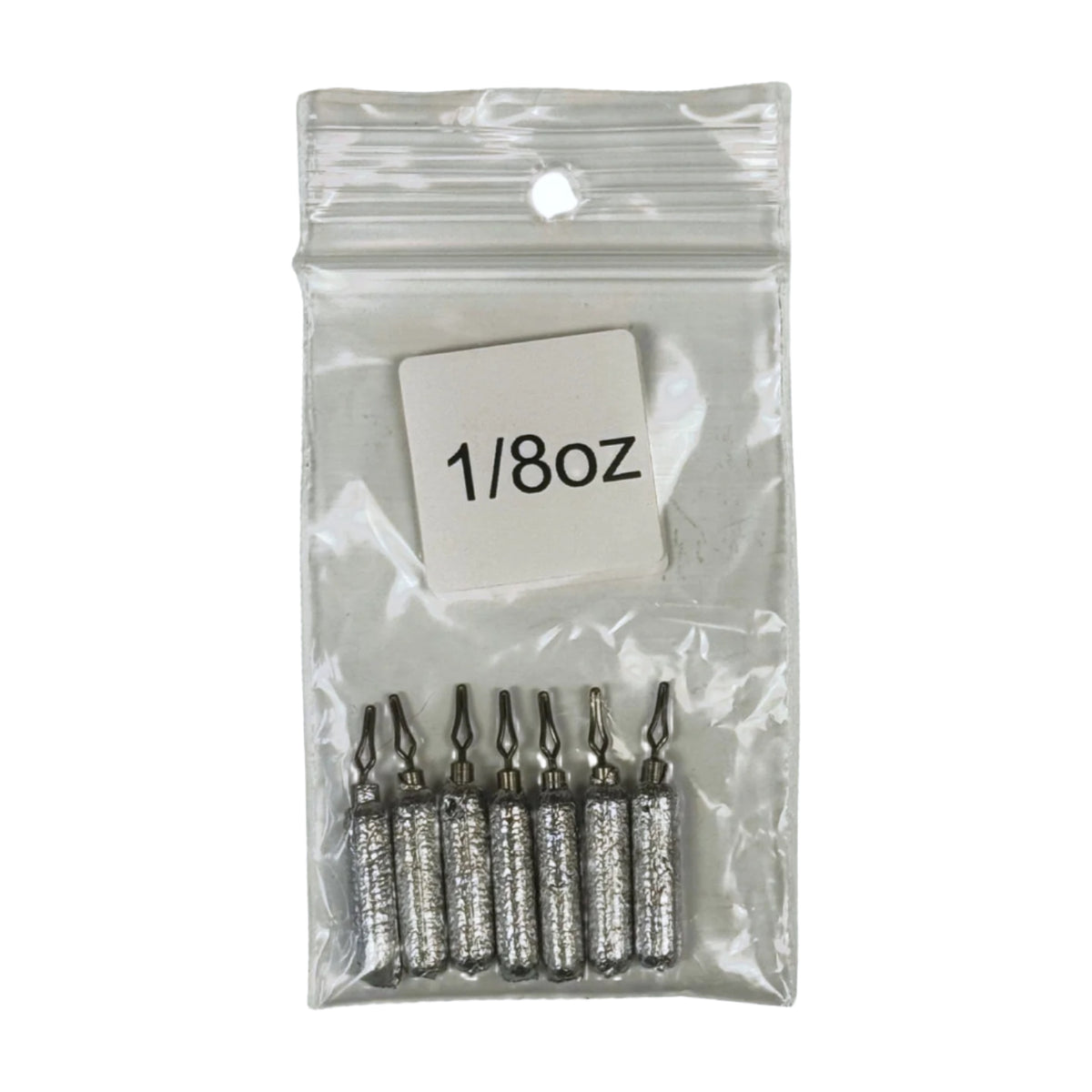 A clear plastic package containing small cylindrical fishing weights, with a label indicating '1/8oz'.