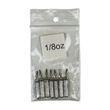 A clear plastic package containing small cylindrical fishing weights, with a label indicating '1/8oz'.