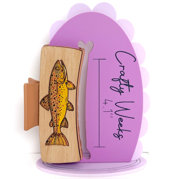Brown Trout Hairclips Light Wood background Tan Clip