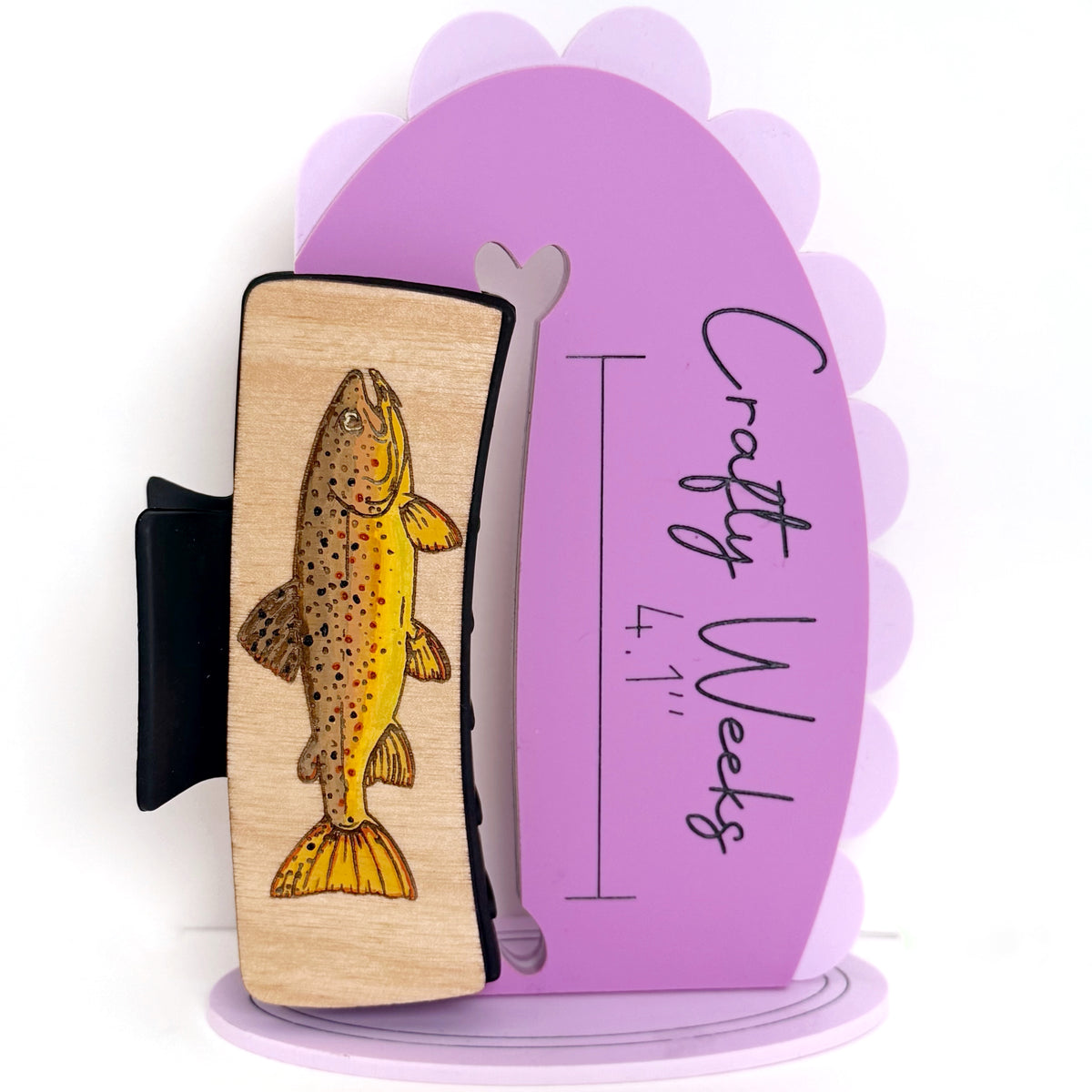 Brown Trout Hairclips Light Wood background Black Clip