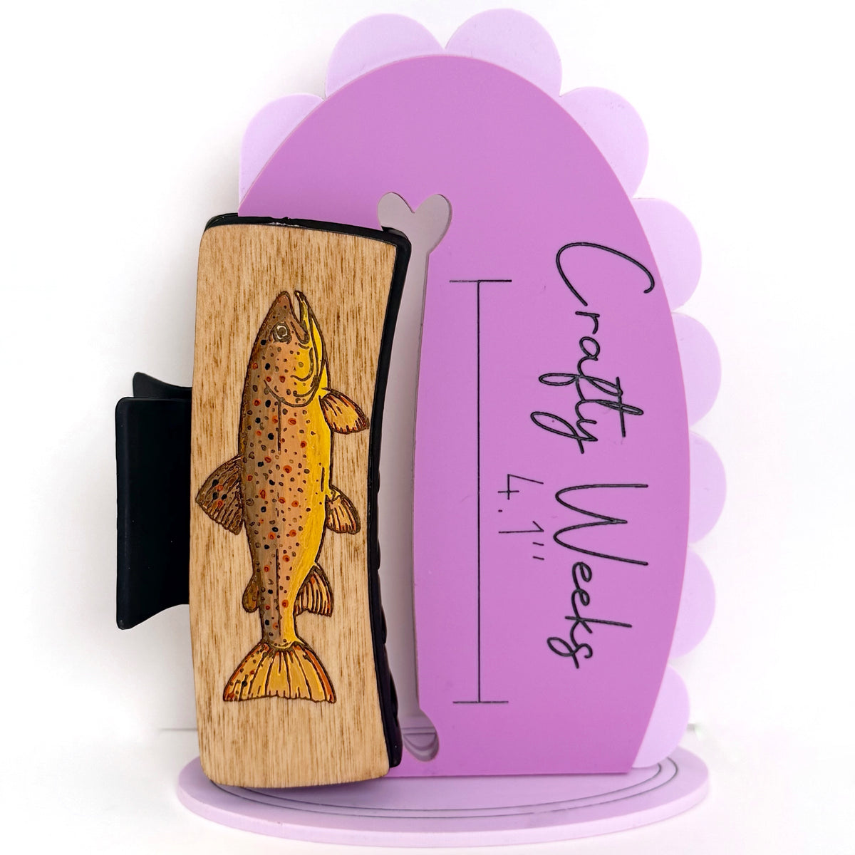 Brown Trout Hairclips Medium Wood background Black Clip 2