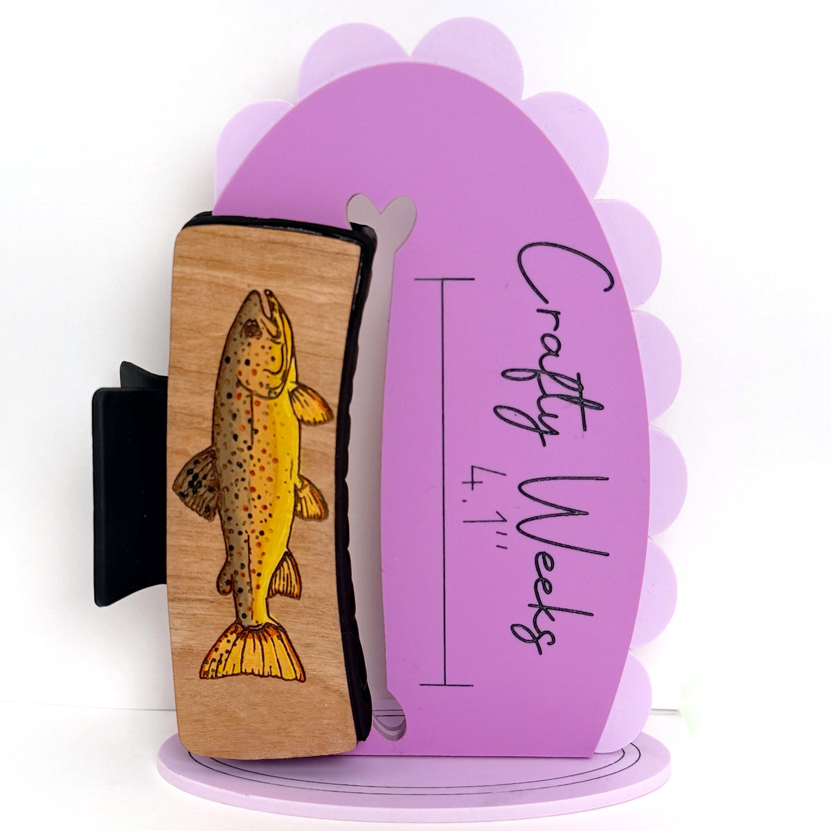 Brown Trout Hairclips Medium Wood background Black Clip 1