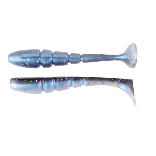 Two blue and purple fishing baits with a ribbed design and a paddle tail, labeled with the number 210.